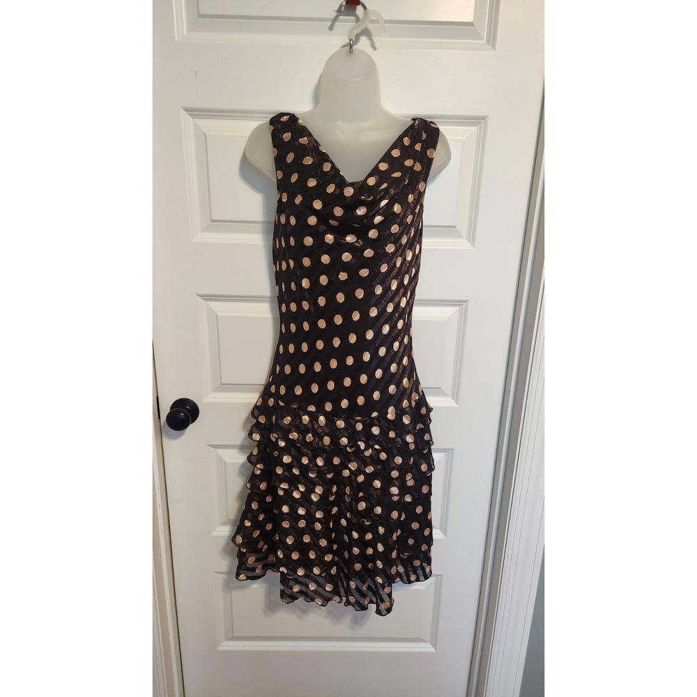 Vtg Joseph Ribkoff Size 8 Brown Polka Dot Sheath Dress Tiered Ruffles Cowl Neck - Picture 2 of 11